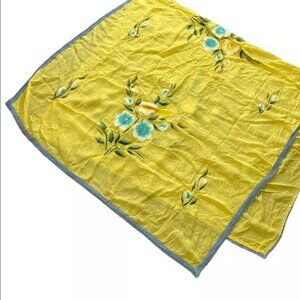 Yellow Silk Hand Painted Dupatta Large Shawl Wrap Flower Design Blue Trim 47x84"